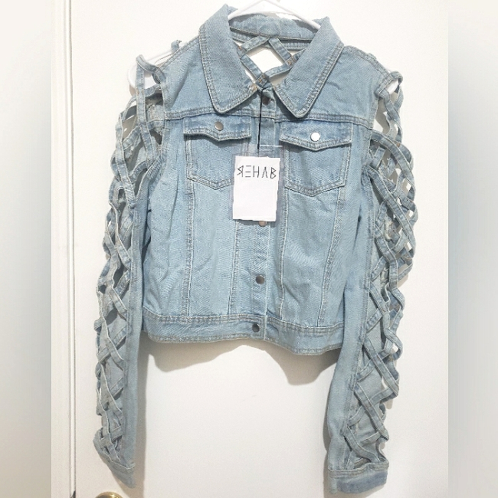 Denim Jeans Jacket w/ Criss Cross Open Sleeves
